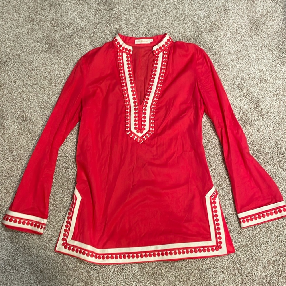 Tory Burch Tunic Top, Coral with cream detail EUC Size 8